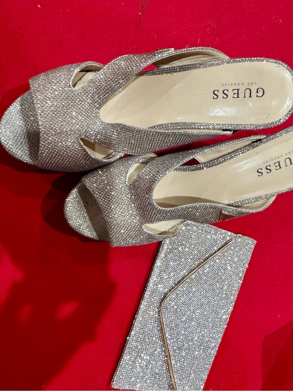 GUESS Silver Glitter Slingback Mules with Matching Clutch